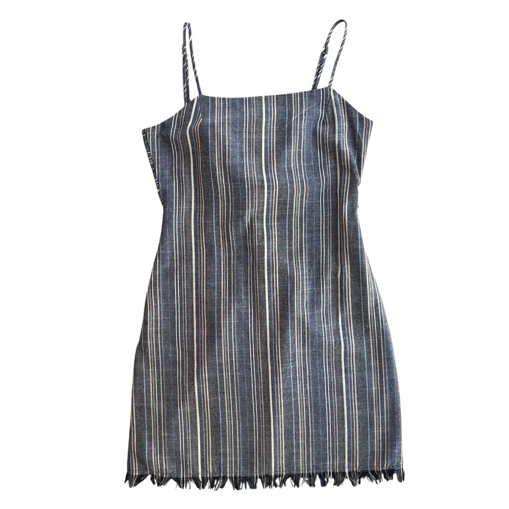 Women’s Chambray Blue Yellow Stripe Fringe Tank Tie Back Sun Mini Dress Bohemian